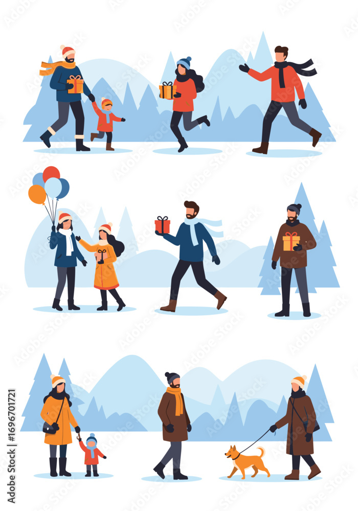 Naklejka premium People enjoying winter holiday season activities outdoors amidst snowfall