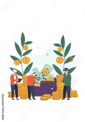 Elderly people are happily counting money around a wallet full of cash and coins