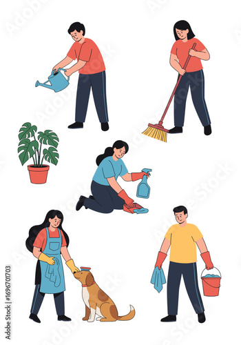 People performing various household chores together for a clean and tidy home environment