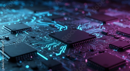 Wallpaper Mural Futuristic circuit board glowing with neon elements creating technological abstract background in close-up view Torontodigital.ca
