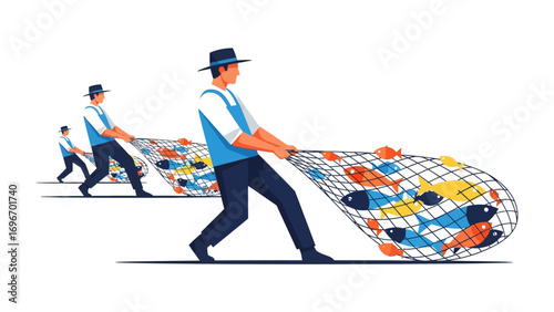 Fishermen Hauling Catch: A graphic illustration of fishermen working together to pull a vibrant net bursting with colorful fish, illustrating teamwork and abundance in a visually captivating manner.