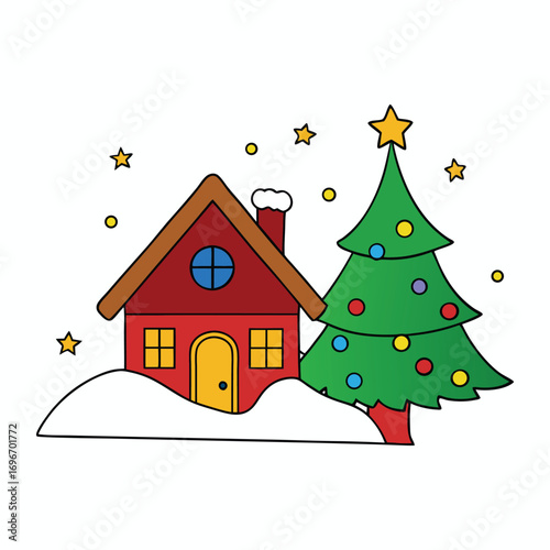 A cozy house glows with warm lights on a snowy Christmas night, while a sparkling tree stands tall outside, spreading festive cheer under the starry sky.
