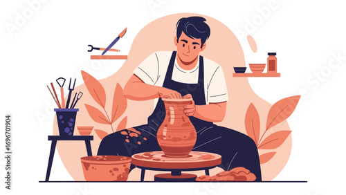 Crafting Ceramics: A skilled artisan meticulously shapes a clay pot on a pottery wheel, surrounded by tools and materials, epitomizing the art of craftsmanship.