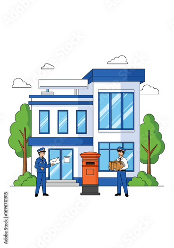Modern post office building with postal workers and mailbox illustration