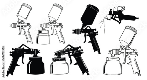 various spray paint guns displayed in artistic silhouette