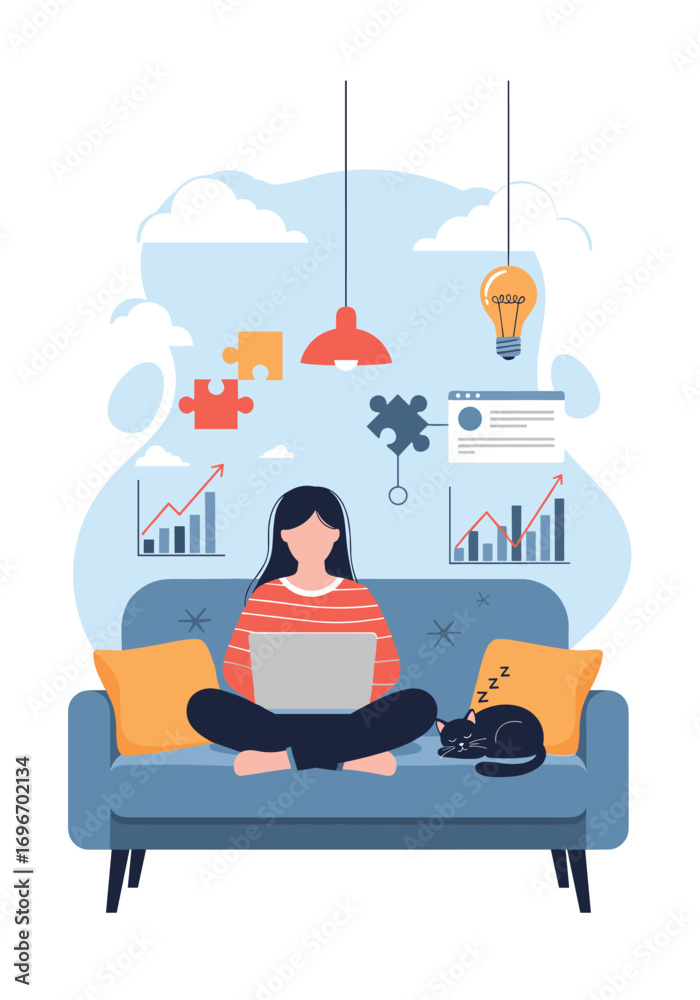Fototapeta premium Remote work concept illustration showing freelancer productivity and home office setup