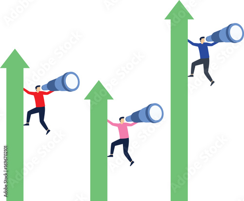 Rising red arrow leads a businessman holding a telescope to observe the distance

