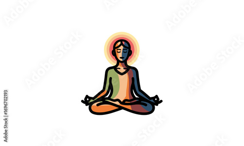 Colorful stylized person meditating in lotus pose with a radiant glowing aura.