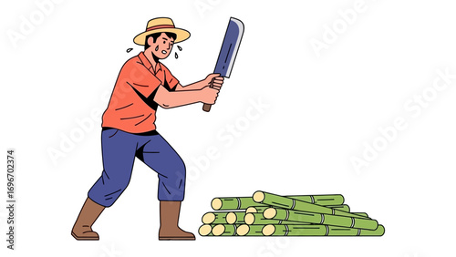 Man Harvesting Sugarcane with machete: A vivid, vector-style illustration depicts a determined man in a straw hat energetically harvesting sugarcane with a machete.