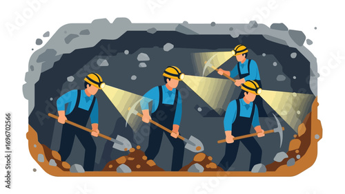 Mines Working: An illustrative depiction showcasing hardworking mine workers, as they use their tools under ground.