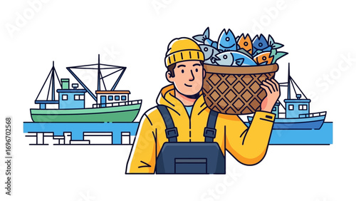Harbor Harvest: A diligent fisherman returns to shore, his basket brimming with a diverse catch of fish against the backdrop of fishing boats.