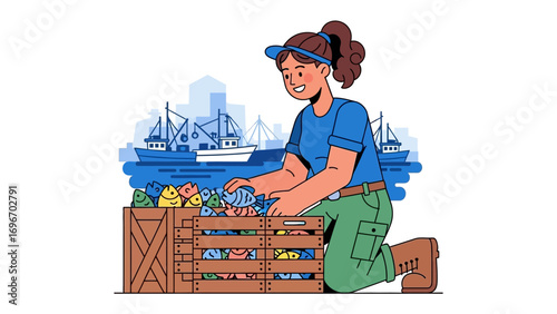 Fresh Catch and Determination: A vibrant illustration portrays a smiling individual carefully arranging an array of colorful toy fish, setting the stage for imaginative play by the docks. 