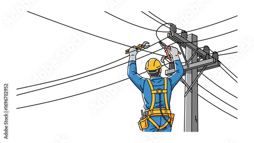 Power Line Worker: A skilled technician diligently working atop a utility pole, meticulously handling wires and equipment to maintain the flow of electrical current.