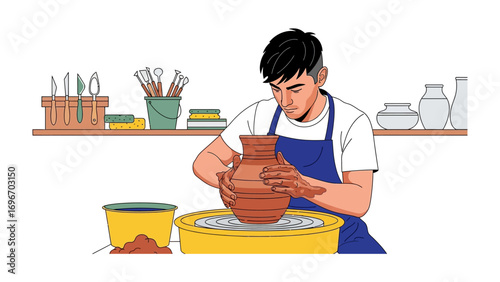 The Potter's Craft: A potter at work, intently focused on shaping a clay vessel on a spinning wheel in a well-lit studio setting. It's a study in patience and artistry.