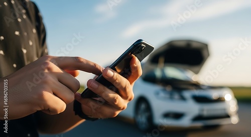 Wallpaper Mural Man using a smartphone next to a broken down car outdoors Torontodigital.ca
