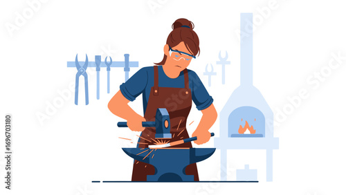 Craftswoman at Forge: A skilled craftswoman meticulously forges metal, her focus and dedication palpable, surrounded by the tools of her trade.