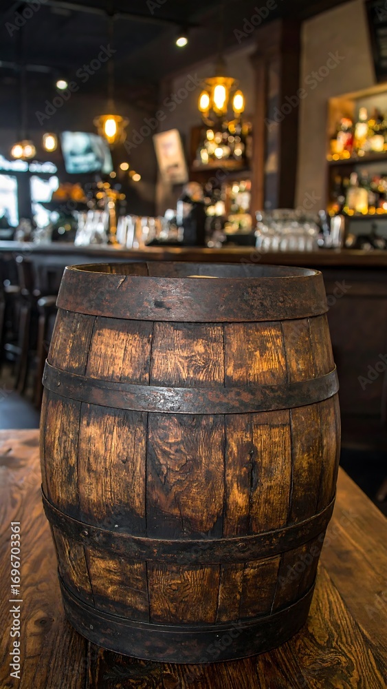 Fototapeta premium Rustic wooden barrel sits prominently in a dimly lit bar setting.