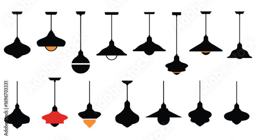 various hanging lamps designs shown in black and white silhouette