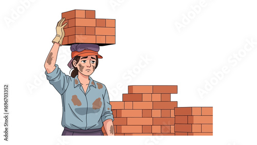 Bricklayer's Burden: A determined construction worker balancing a load of bricks on their head. The illustration captures the labor and dedication in building a structure.