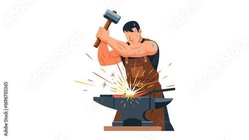The Smith's Forge: An illustration of a determined blacksmith, expertly wielding a hammer to shape metal on the anvil, embodying the essence of craftsmanship.