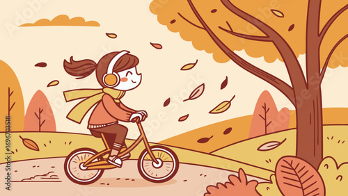 Girl Riding Bicycle in Autumn Park with Falling Leaves – Vector Illustration of Seasonal Nature and Outdoor outgoing life