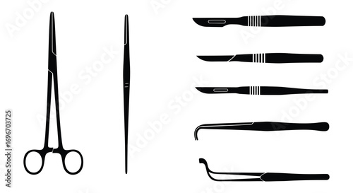 medical tools arranged neatly showing scissors forceps knives silhouette