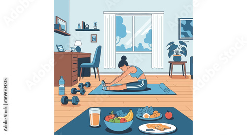 Vector illustration of a woman exercising at home as part of a healthy morning routine with a nutritious breakfast
