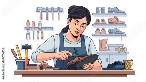 Shoemaker's Precision: An illustration of a focused artisan delicately mending a shoe in a workshop, surrounded by tools of their trade.