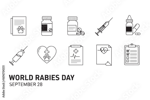 Collection of icons for world rabies day, isolated on white background
