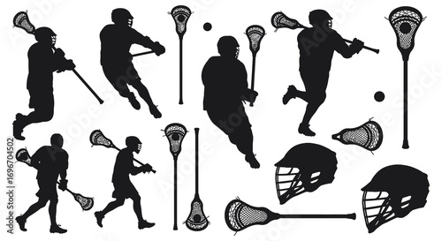 lacrosse players in action poses helmets equipment silhouette