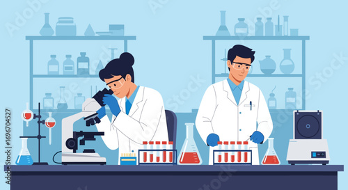 Medical laboratory professionals conducting scientific analysis. Male and female researchers using a microscope and chemical test tubes for a discovery
