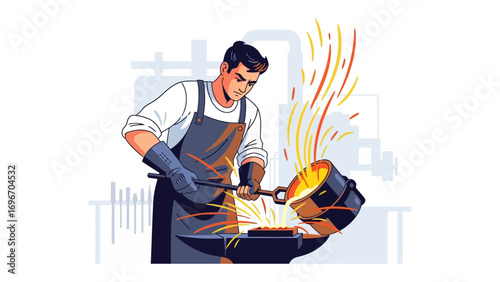 Forging the Future: A skilled craftsman in his workshop, pouring molten metal with focused precision, embodying the art of creation and industry.