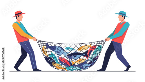 Harvest from the Sea: Two figures strain together to haul a bountiful net bursting with a colorful variety of fish, symbolizing teamwork, yield, and the richness of marine life. 
