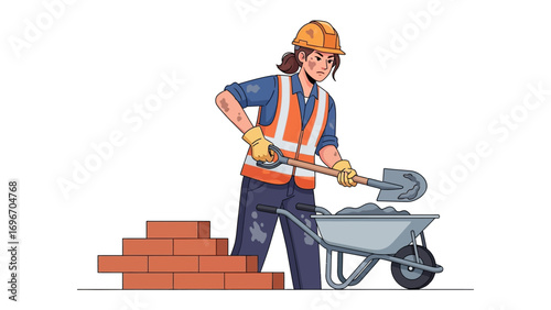 Construction Worker at Work: A determined construction worker, hard hat securely in place, meticulously prepares to lay brickwork, symbolizing craftsmanship, construction, and dedication.