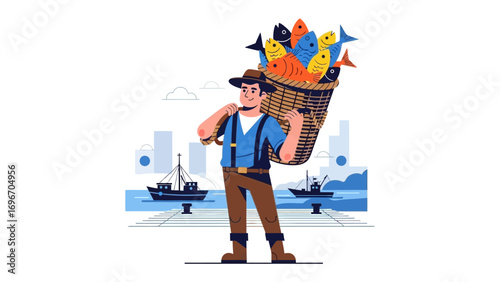 Fisherman's Abundance: A hardworking fisherman strides confidently, his basket overflowing with a vibrant catch of various fish, showcasing the bounty of the sea in a photorealistic illustration.