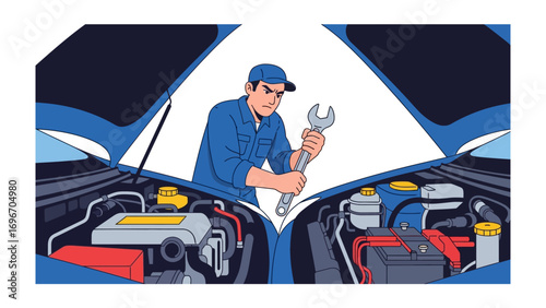 Auto Mechanic at Work: A skilled mechanic, armed with a wrench, diligently inspects the engine of a car, emphasizing the expertise and problem-solving of auto repair and maintenance.
