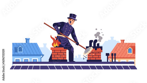 Chimney Sweep at Work: A chimney sweep, a silhouette against a clear sky, diligently clears soot from a rooftop chimney.