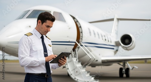Wallpaper Mural Pilot in uniform using tablet next to a private jet at the airport Torontodigital.ca