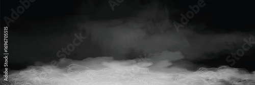 Water surface with magic neon glow from inside and smoke on top. Mystery dark background with spooky white light from underwater and fog. Realistic 3d night vector illustration with flare and steam.