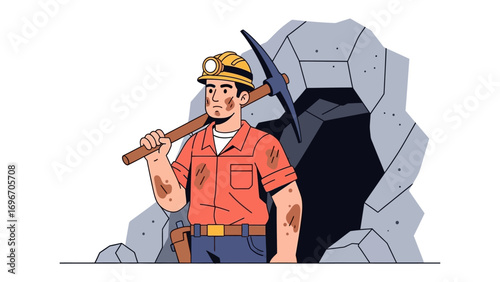 The Hardworking Miner: A determined miner, illuminated by a helmet-mounted lamp, emerges from the darkness of the earth with his trusty pickaxe ready.