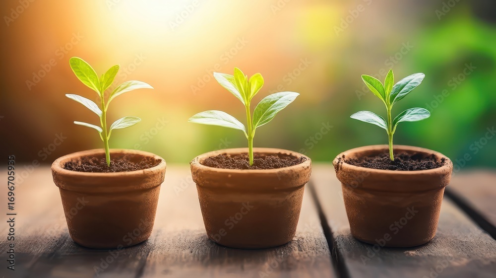 Obraz premium Growth of Young Plants in Terracotta Pots Against Natural Background