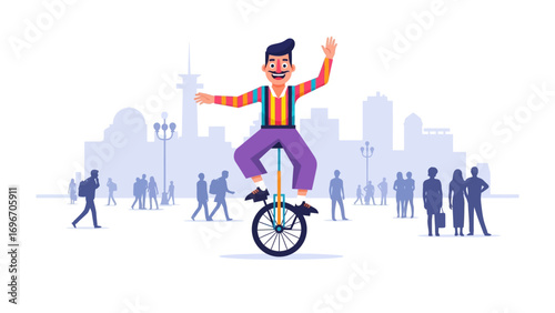 Circus Performer Joy: A cheerful circus performer on a unicycle, delighting the city. the spirit of entertainment and joy is alive.