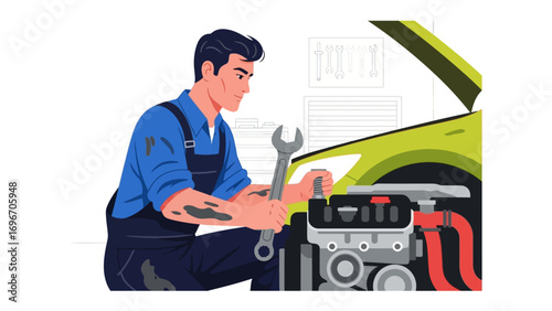 Mechanic at Work: A skilled mechanic meticulously examines and repairs a car engine, embodying precision and expertise in automotive service.