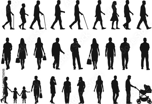 Silhouette Collection of Walking People Including Children, Adults, and Seniors for Lifestyle, Urban Design, and Generational Diversity Concepts