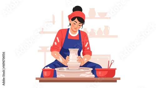 Artisan's Craft: A skilled artisan molds a ceramic vase on a pottery wheel in a vibrant illustration of artistic skill, creativity, and the handmade process.