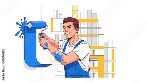 Painter's Craft: A smiling craftsman skillfully uses a paint roller to coat a wall, bringing vibrant hues to life in this striking illustration.