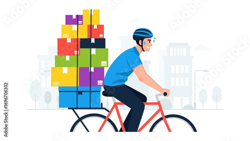 Delivery on Wheels: A cyclist expertly maneuvers a bicycle loaded with an array of colorful packages, symbolizing efficient delivery service in an urban landscape.