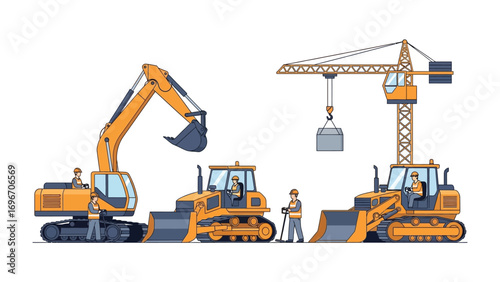 Construction Equipment at Work: A vivid and well-detailed illustration showcases diverse construction equipment in action. including excavator, bulldozer and construction crane.