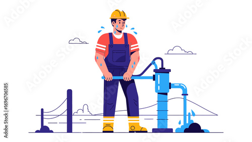 Construction worker pumping water: An illustration showcasing a construction worker diligently pumping water. The worker appears to be exhausted and sweating, with the imagery depicting a vibrant day.
