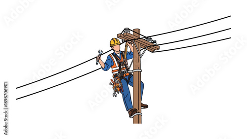 Lineman at Work: A skilled lineman, secure in their safety harness, meticulously maintains power lines atop a wooden utility pole.